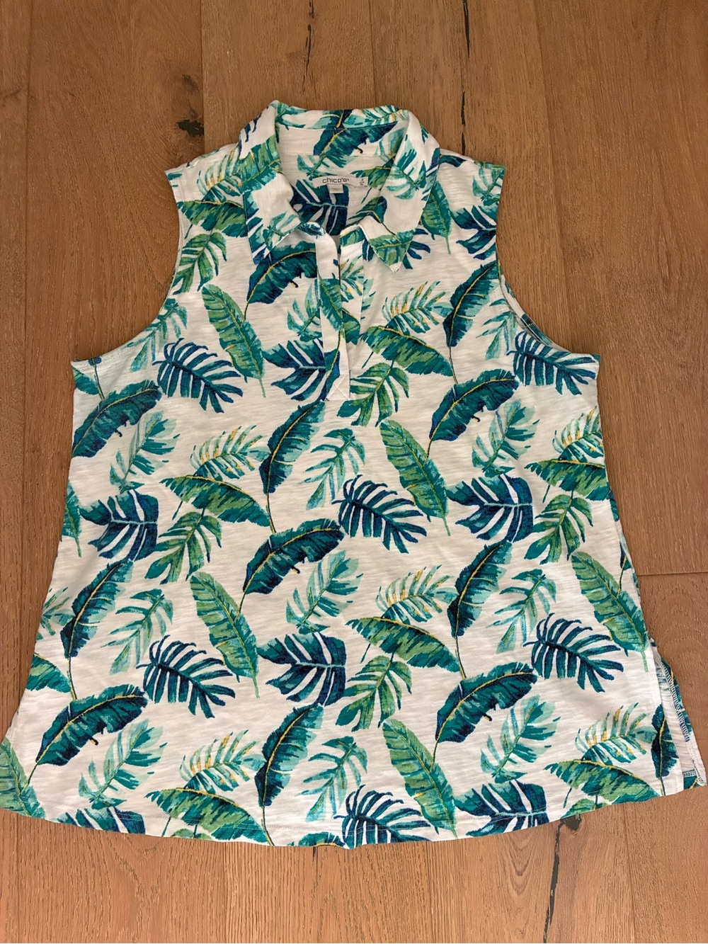 Chico's Sleeveless Leaf-Print Polo Tank — White, Green & Teal